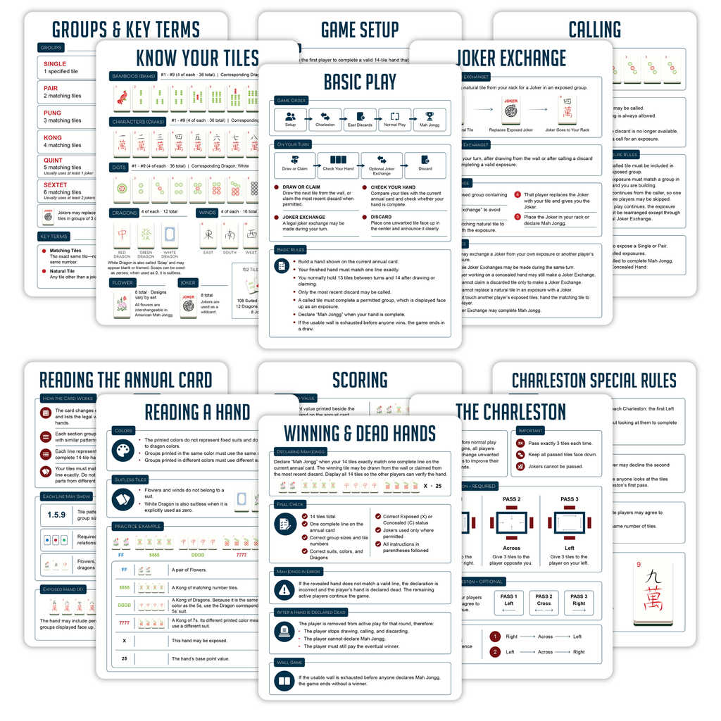 Infassic American Mah Jongg Quick Reference Guide - Mahjong Cheat Sheet for Beginners - Mah Jong Rules, Accessories, & Gifts - 6 Double-Sided 5” x 7” Cards