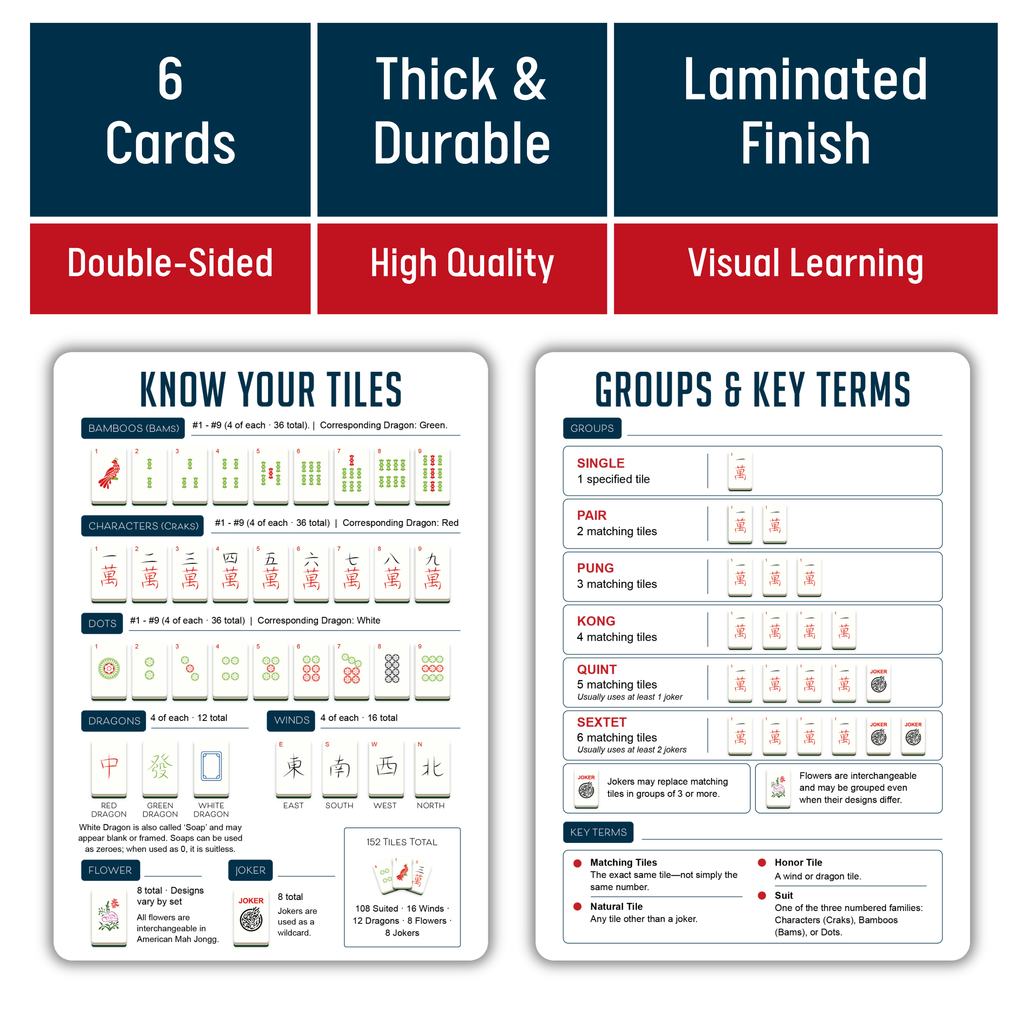 Infassic American Mah Jongg Quick Reference Guide - Mahjong Cheat Sheet for Beginners - Mah Jong Rules, Accessories, & Gifts - 6 Double-Sided 5” x 7” Cards