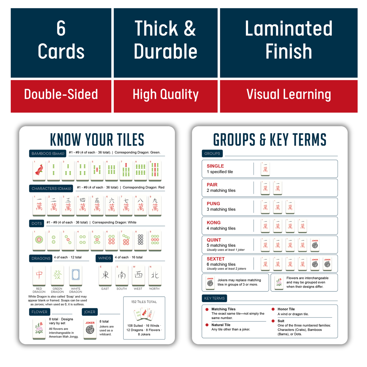 Infassic American Mah Jongg Quick Reference Guide - Mahjong Cheat Sheet for Beginners - Mah Jong Rules, Accessories, & Gifts - 6 Double-Sided 5” x 7” Cards