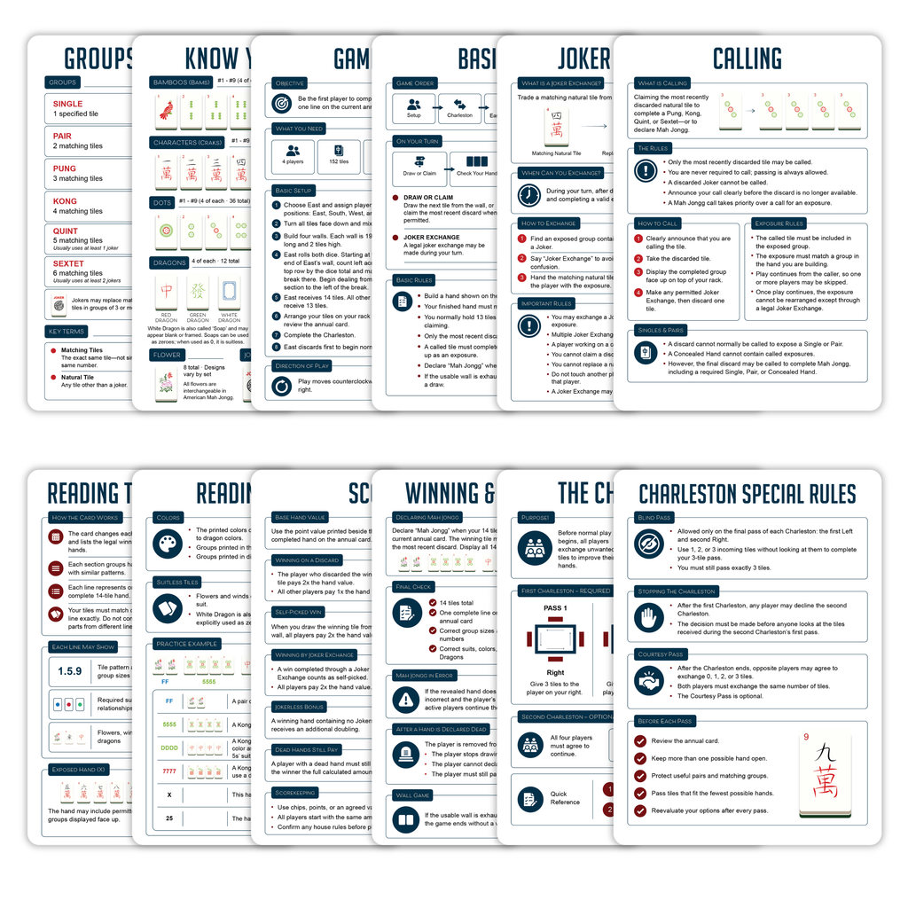 Infassic American Mah Jongg Quick Reference Guide - Mahjong Cheat Sheet for Beginners - Mah Jong Rules, Accessories, & Gifts - 6 Double-Sided 5” x 7” Cards