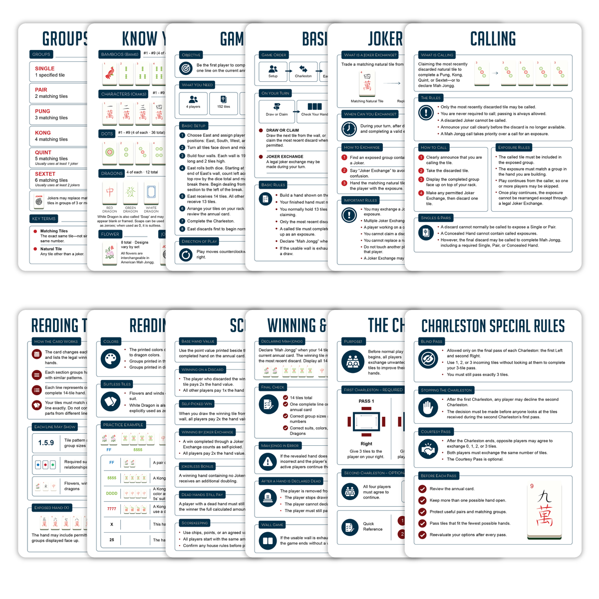 Infassic American Mah Jongg Quick Reference Guide - Mahjong Cheat Sheet for Beginners - Mah Jong Rules, Accessories, & Gifts - 6 Double-Sided 5” x 7” Cards