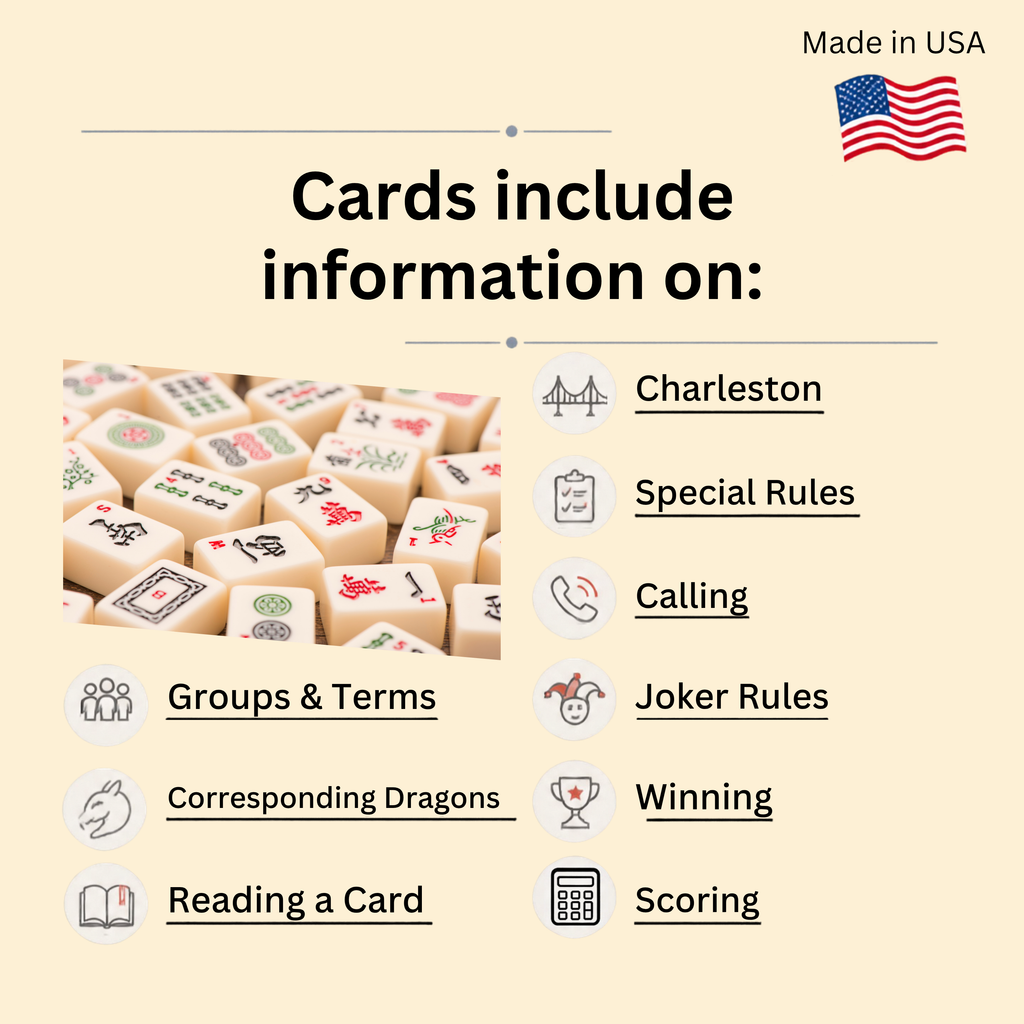 American Mah Jongg Table Reference Card - Mahjong Cheat Sheet & Quick Play Guide - Charleston, Joker Rules, Calling, Scoring, Card Key & Groups - Double-Sided 5.5" x 8.5"