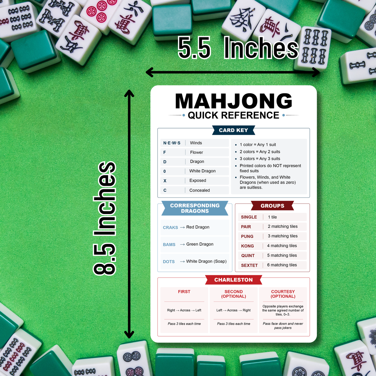 American Mah Jongg Table Reference Card - Mahjong Cheat Sheet & Quick Play Guide - Charleston, Joker Rules, Calling, Scoring, Card Key & Groups - Double-Sided 5.5" x 8.5"