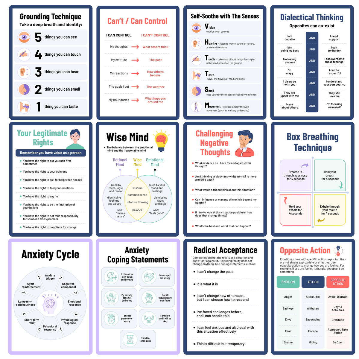 12 Piece Mental Health Posters for Classroom & Therapy Offices - Calm Down Corner Coping Skills Charts - Emotional Regulation DBT Posters & Counseling Office Decor - 10”x14”