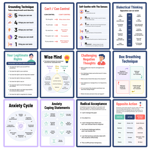 12 Piece Mental Health Posters for Classroom & Therapy Offices - Calm Down Corner Coping Skills Charts - Emotional Regulation DBT Posters & Counseling Office Decor - 10”x14”