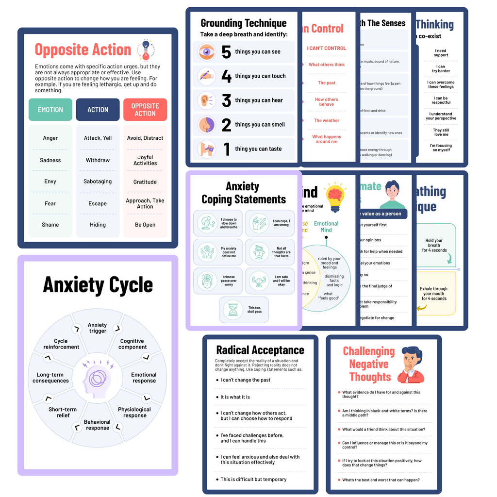 12 Piece Mental Health Posters for Classroom & Therapy Offices - Calm Down Corner Coping Skills Charts - Emotional Regulation DBT Posters & Counseling Office Decor - 10”x14”