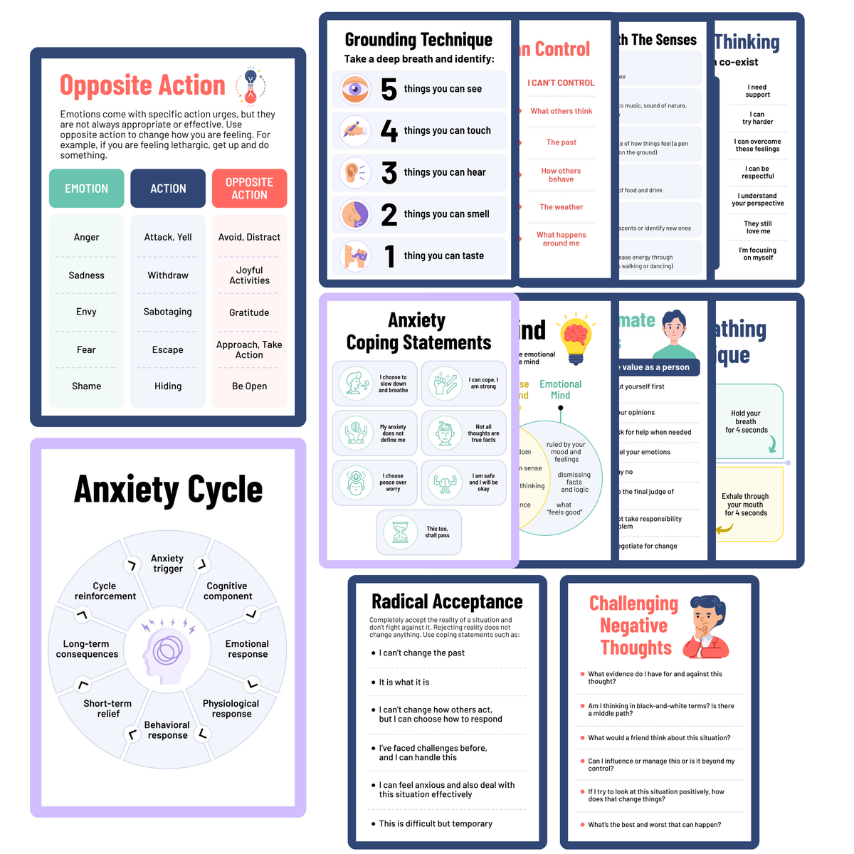 12 Piece Mental Health Posters for Classroom & Therapy Offices - Calm Down Corner Coping Skills Charts - Emotional Regulation DBT Posters & Counseling Office Decor - 10”x14”