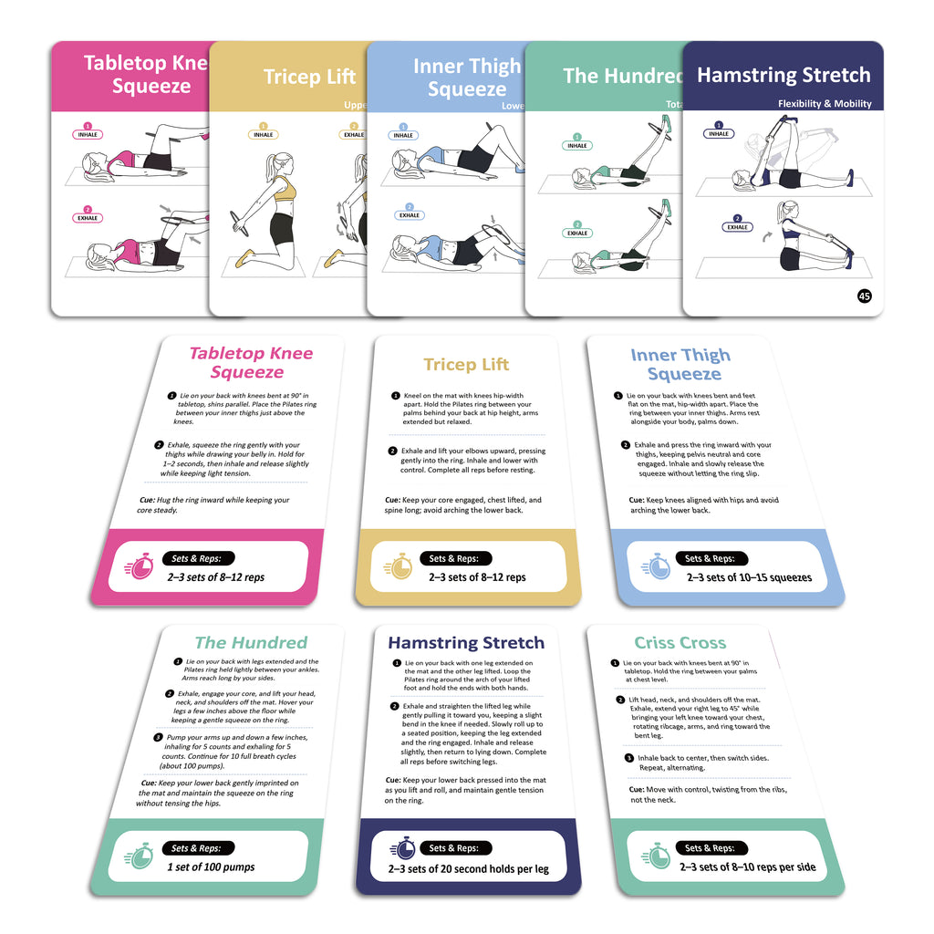 Pilates Ring Workout Cards - Magic Circle Pilates Flashcards - 53 Cards | 2.75” x 3.9”
