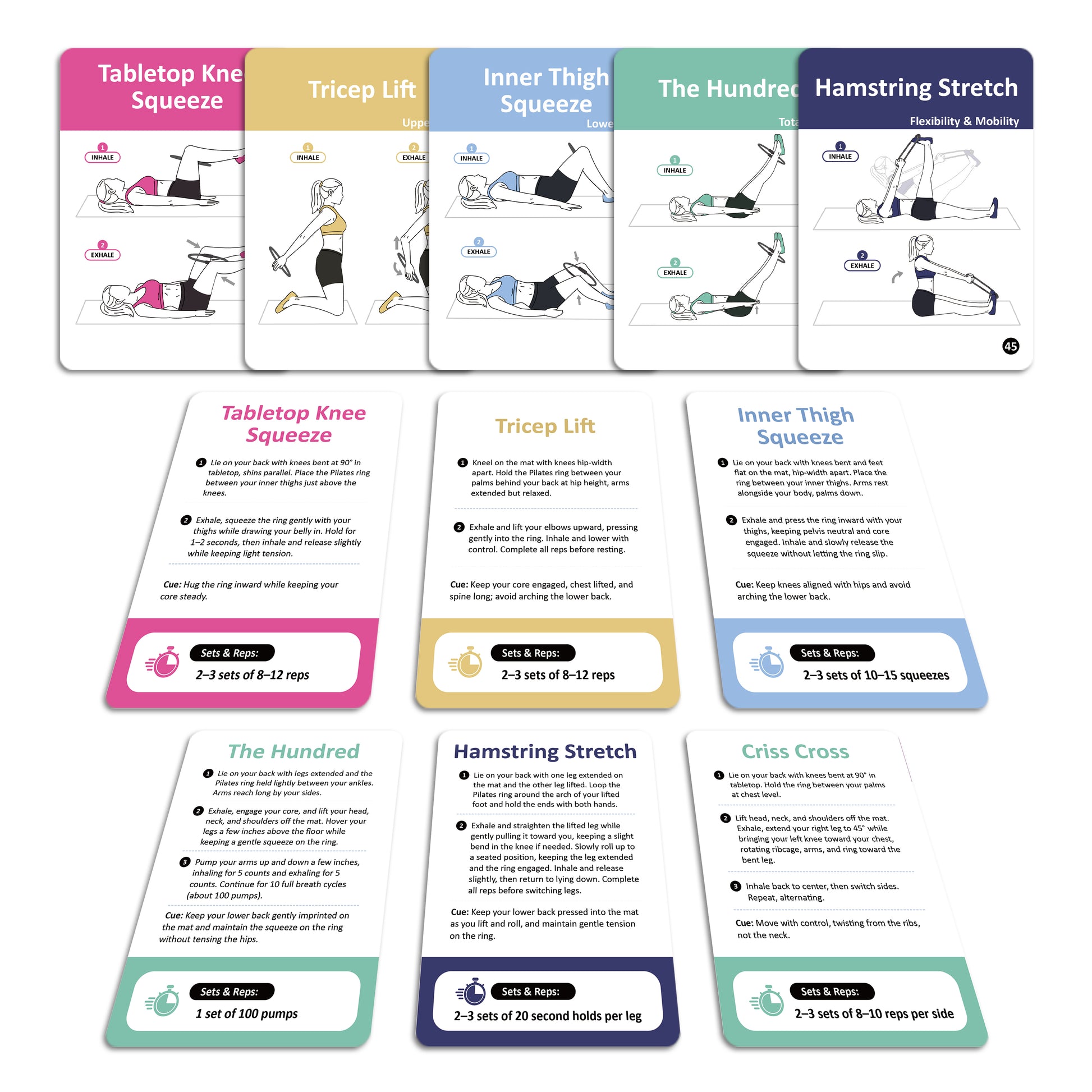 Pilates Ring Workout Cards - Magic Circle Pilates Flashcards - 53 Cards | 2.75” x 3.9”