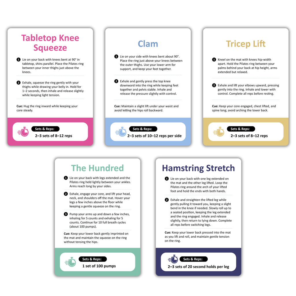 Pilates Ring Workout Cards - Magic Circle Pilates Flashcards - 53 Cards | 2.75” x 3.9”